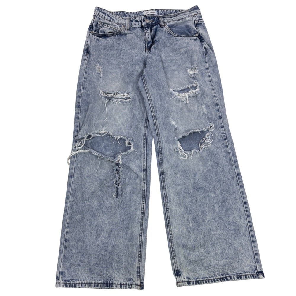 Love Soho Womens Wide Leg Heavily Distressed Acid Wash Jeans Light Blue Size 9